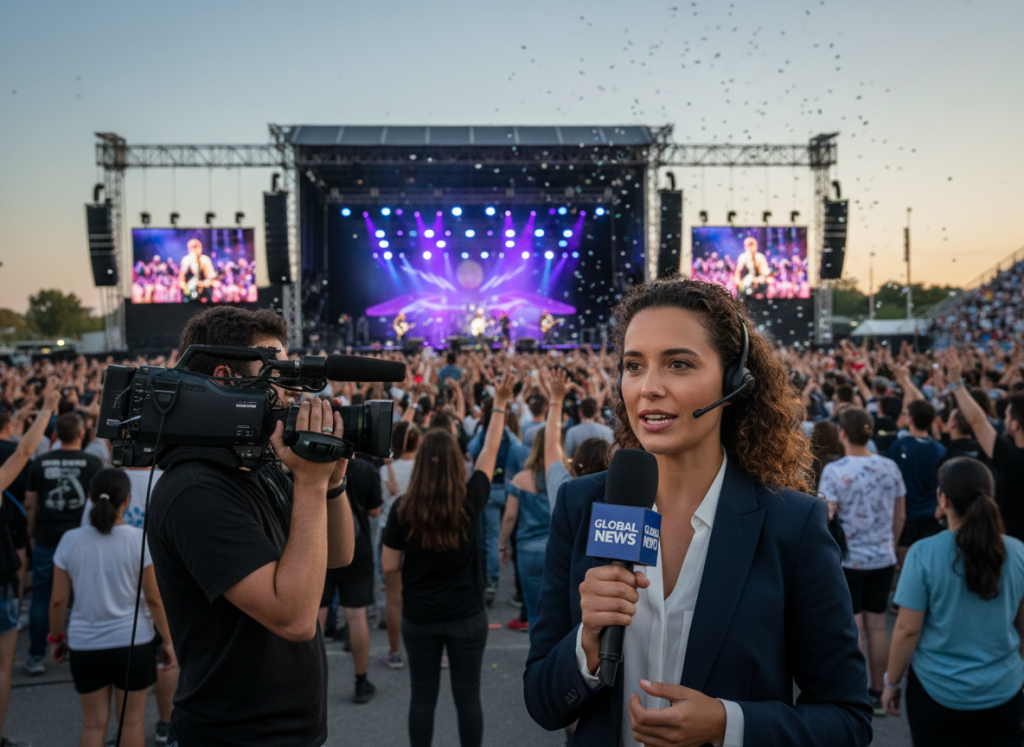 A reporter at a rock concert