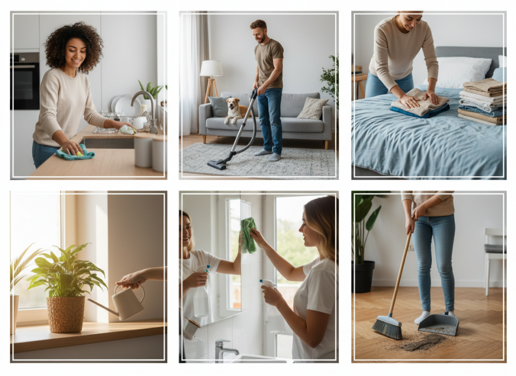 A montage of people doing household chores