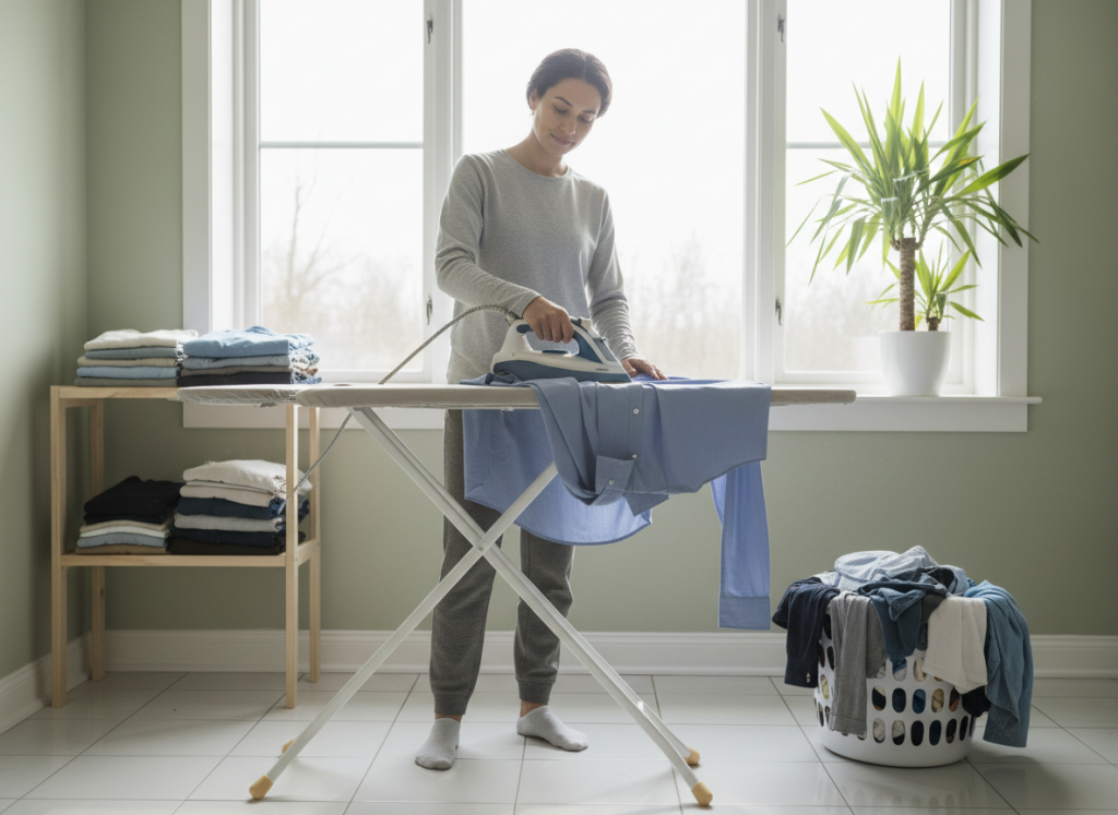 A woman doing the ironing