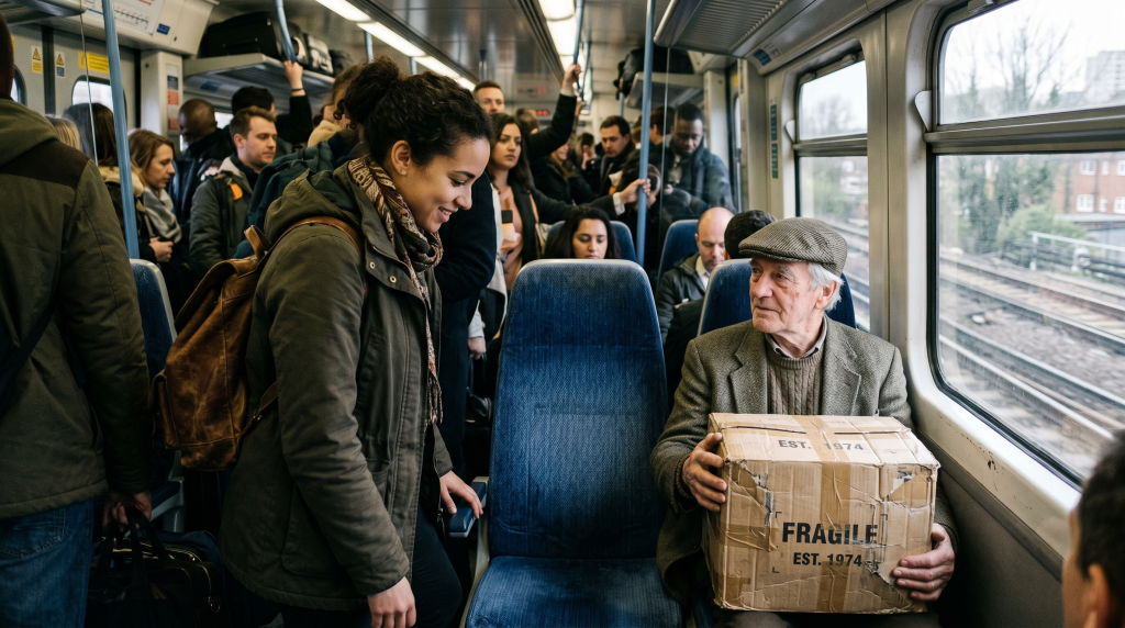 an elderly man who was holding a battered cardboard box on a busy train