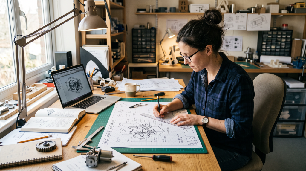 An engineer sitting at a desk drawing a plan for an invention
