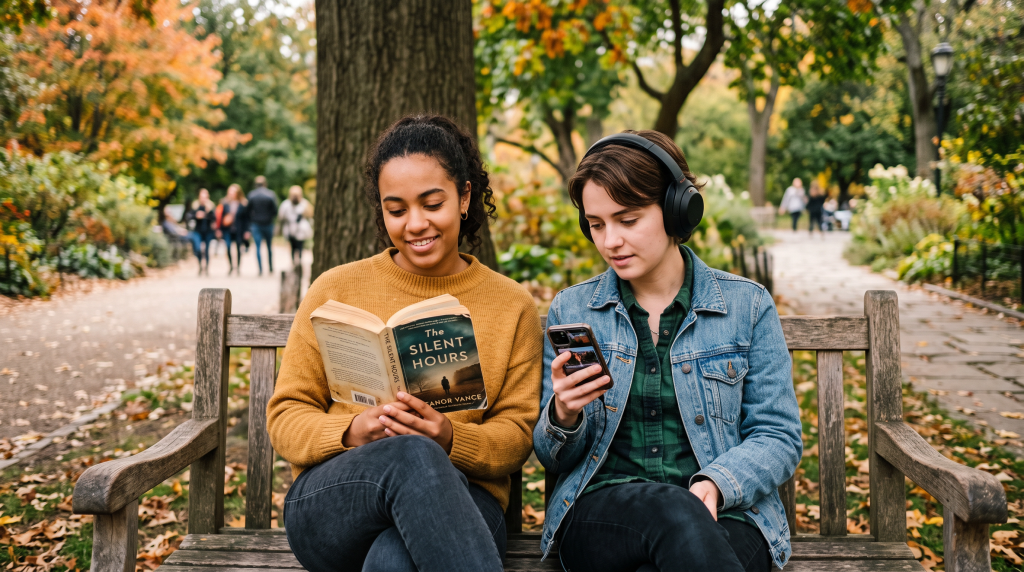 Two people sitting on a bench. One reading a book, the other watching something on a mobile phone